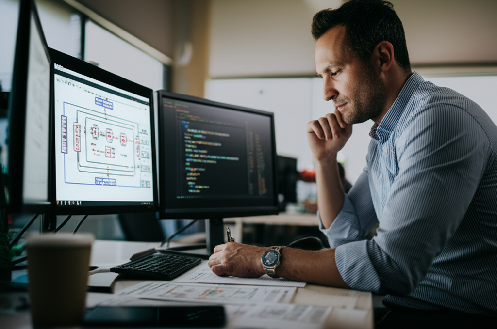 Developer analyzing user feedback and product metrics